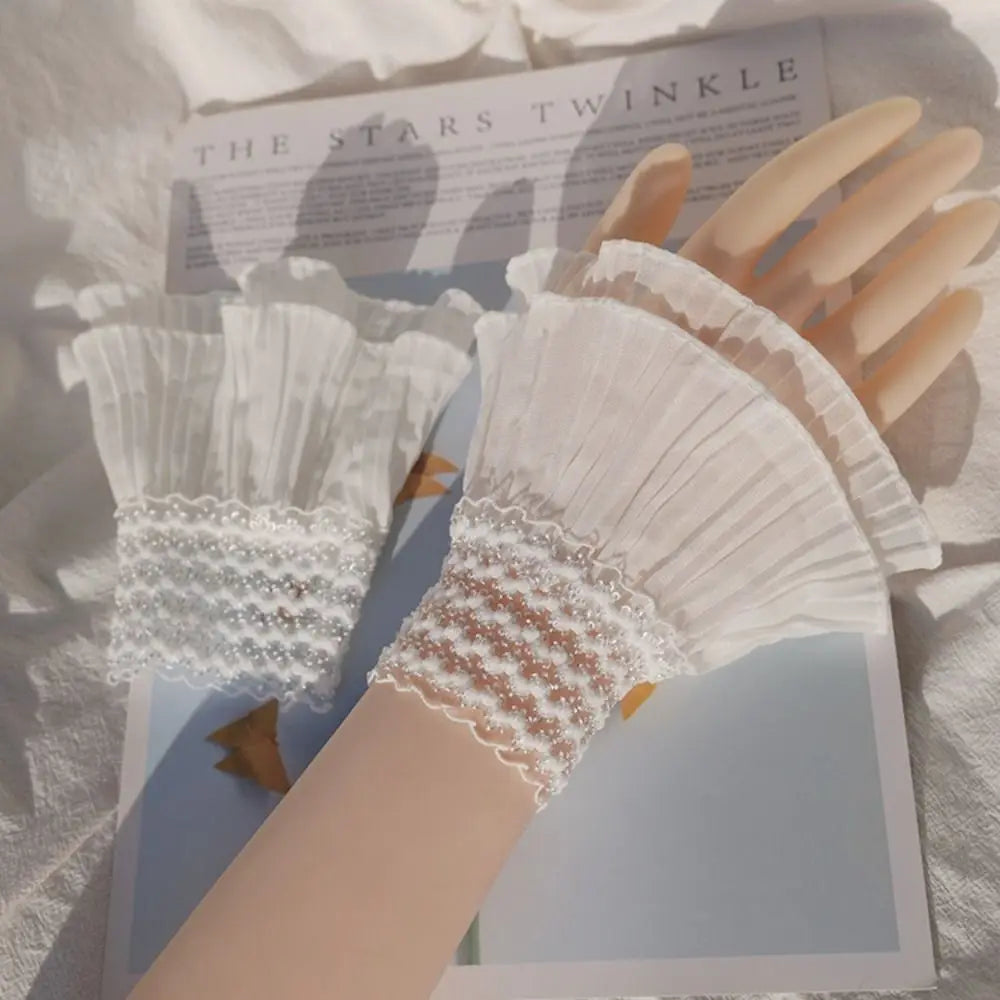 1Pair Spring Autumn Scar Cover Arm Cover Gloves Fake Sleeve Ruffles Elbow Sleeve Lace Cuffs Detachable Sleeve Cuffs Quake white