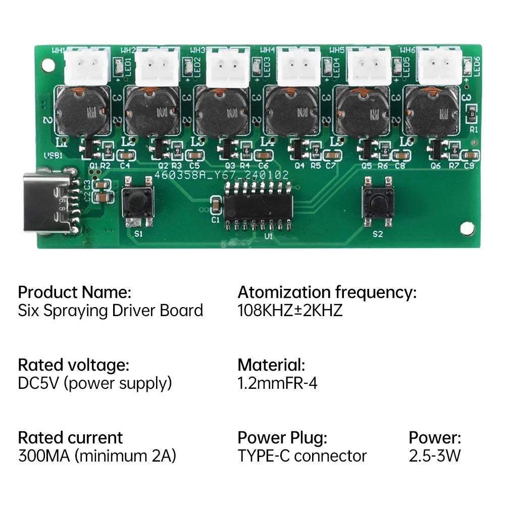 DC- 5V six spray humidifier module atomization control board DIY ultrasonic atomizer TYPE-C interface performance is stable Quake