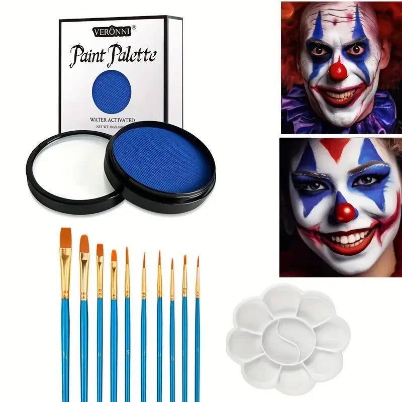 30G Water Monochromatic Face Body Painting Palette Halloween Face Body Paint Makeup Body Partie 10 Brushes and Palettes Set Quake 3pcs blue