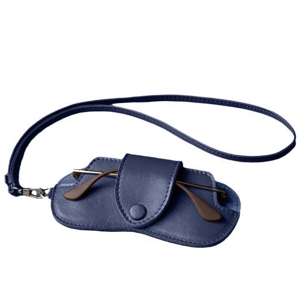 PU Leather Sunglasses Storage Bag with Lanyard Durable Sunglasses Pouch Solid Color Portable SunGlasses Holder Quake Blue