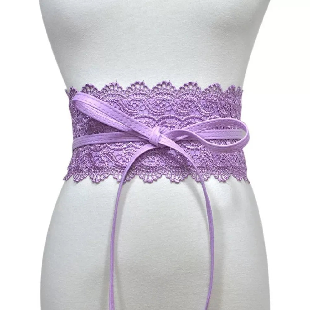 Boho Style Soft Lace Waist Belt Self Tie Wrap Around Bow Tie Belt Wide Cinched Waistband Obi Belt for Dresses Quake Purple