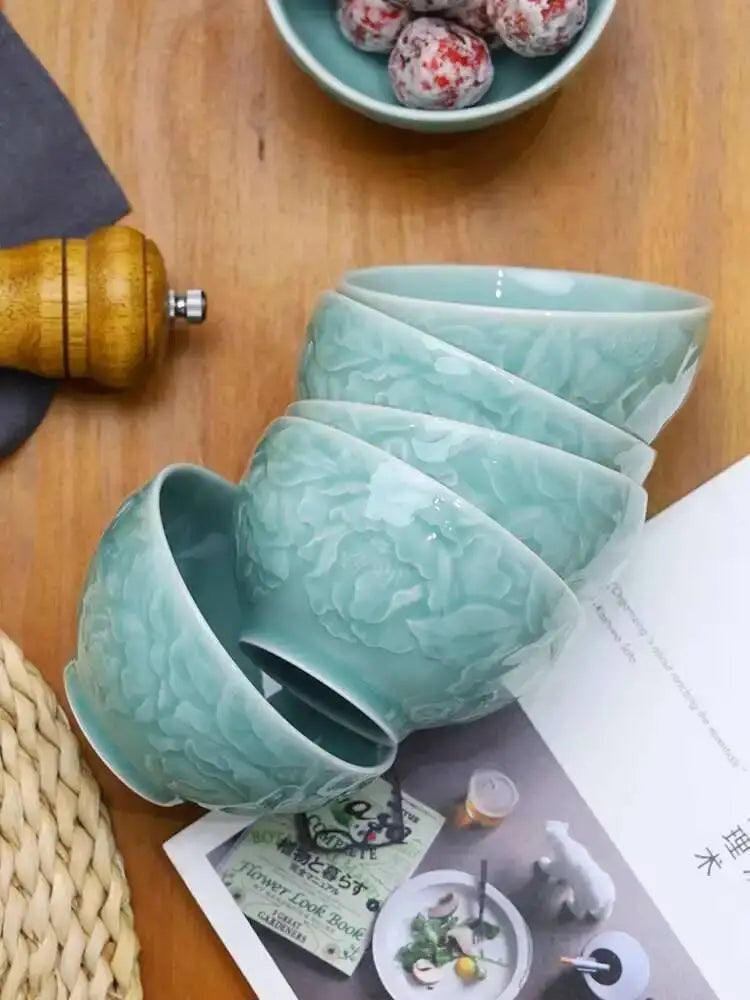 Longquan Celadon Engraved Bowl Ceramic Rice Bowl Chinese Rice Bowl Soup Bowl Quake