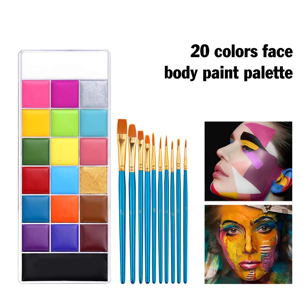 Paint Body Makeup Halloween Face Body Art 20 Color Painting Kit with Brushes Sticker Templates Safe Ingredient Available for Kid Quake