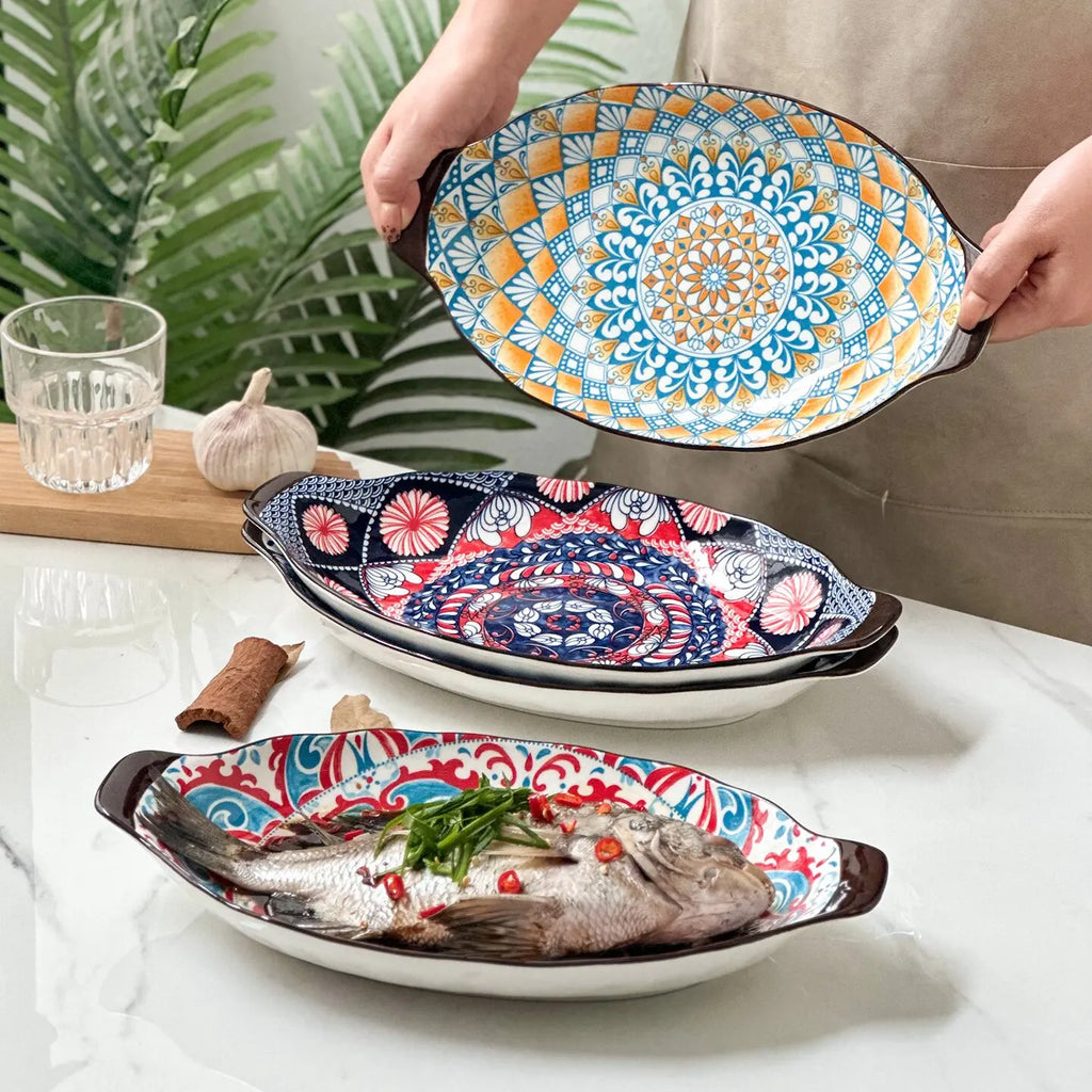 1-Piece 13-Inch Bohemian Double-Handle Ceramic Deep Plate-Ceramic Fish Steaming Plate-Perfect for Fish, Lobster & Seafood Quake