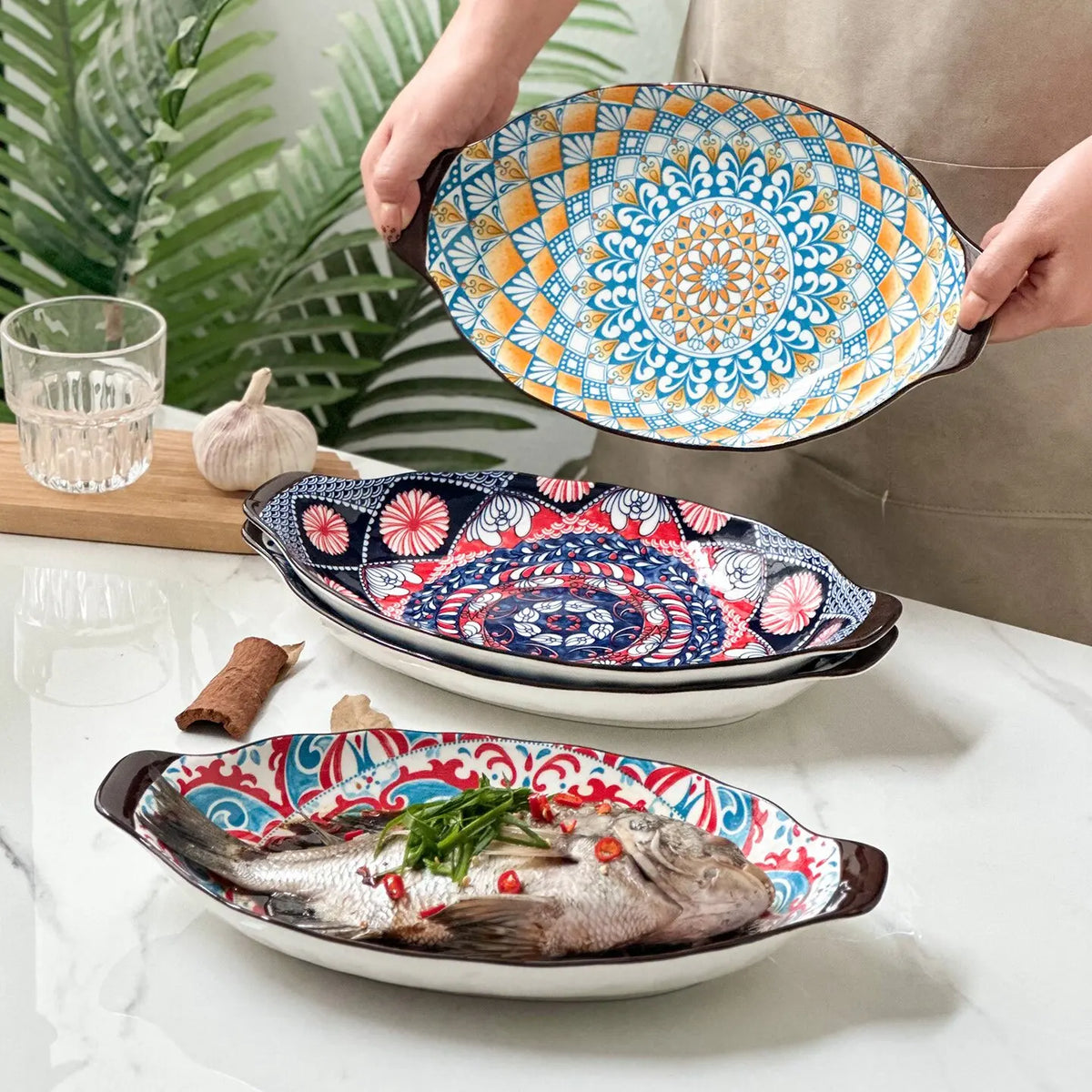 1-Piece 13-Inch Bohemian Double-Handle Ceramic Deep Plate-Ceramic Fish Steaming Plate-Perfect for Fish, Lobster & Seafood Quake