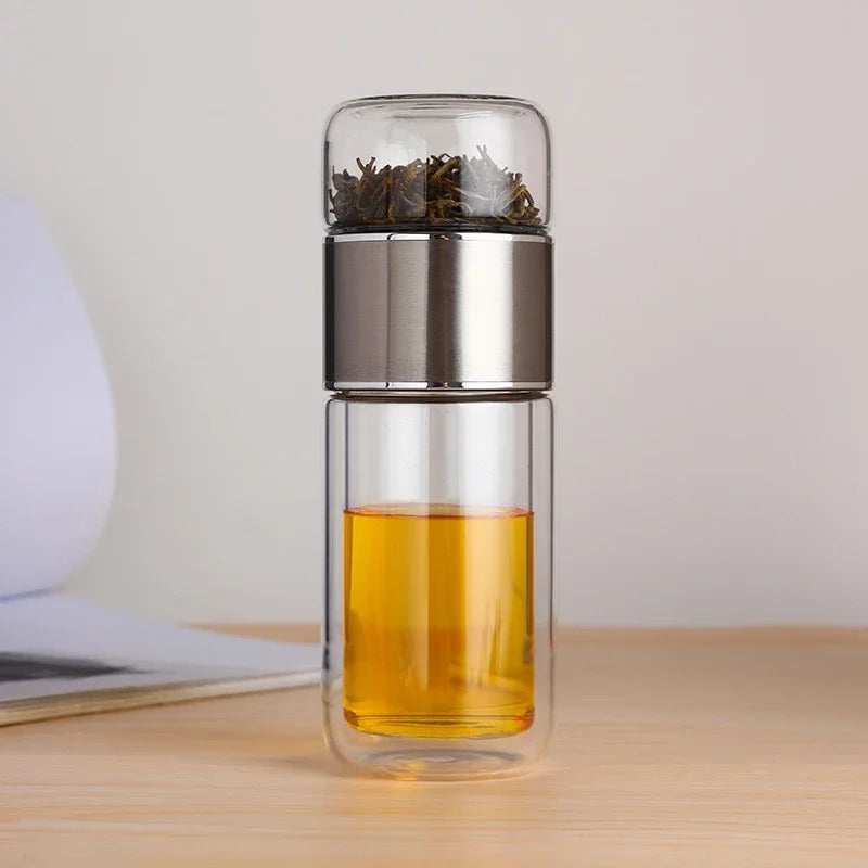 Tea Separation Tea Cup Men's High-end Personal Use Double-layer Glass Heat-resistant and Explosion-proof Water Cup Quake 350ml silver