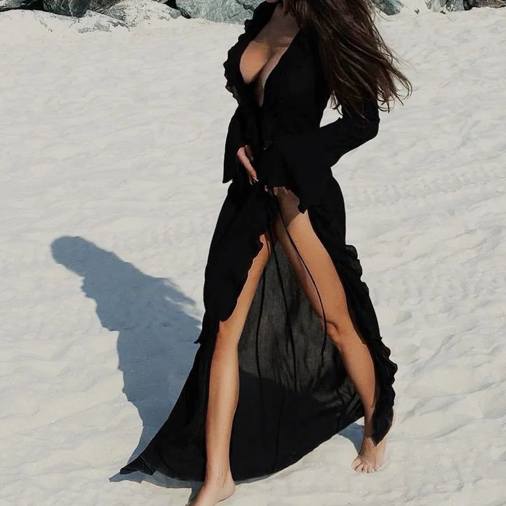 Fashion V Neck Summer Beach Cover Up Ruffled Loose Beach Dress Long Sleeve Vacation Bikini Sunscreen Smock for Women Quake Black L