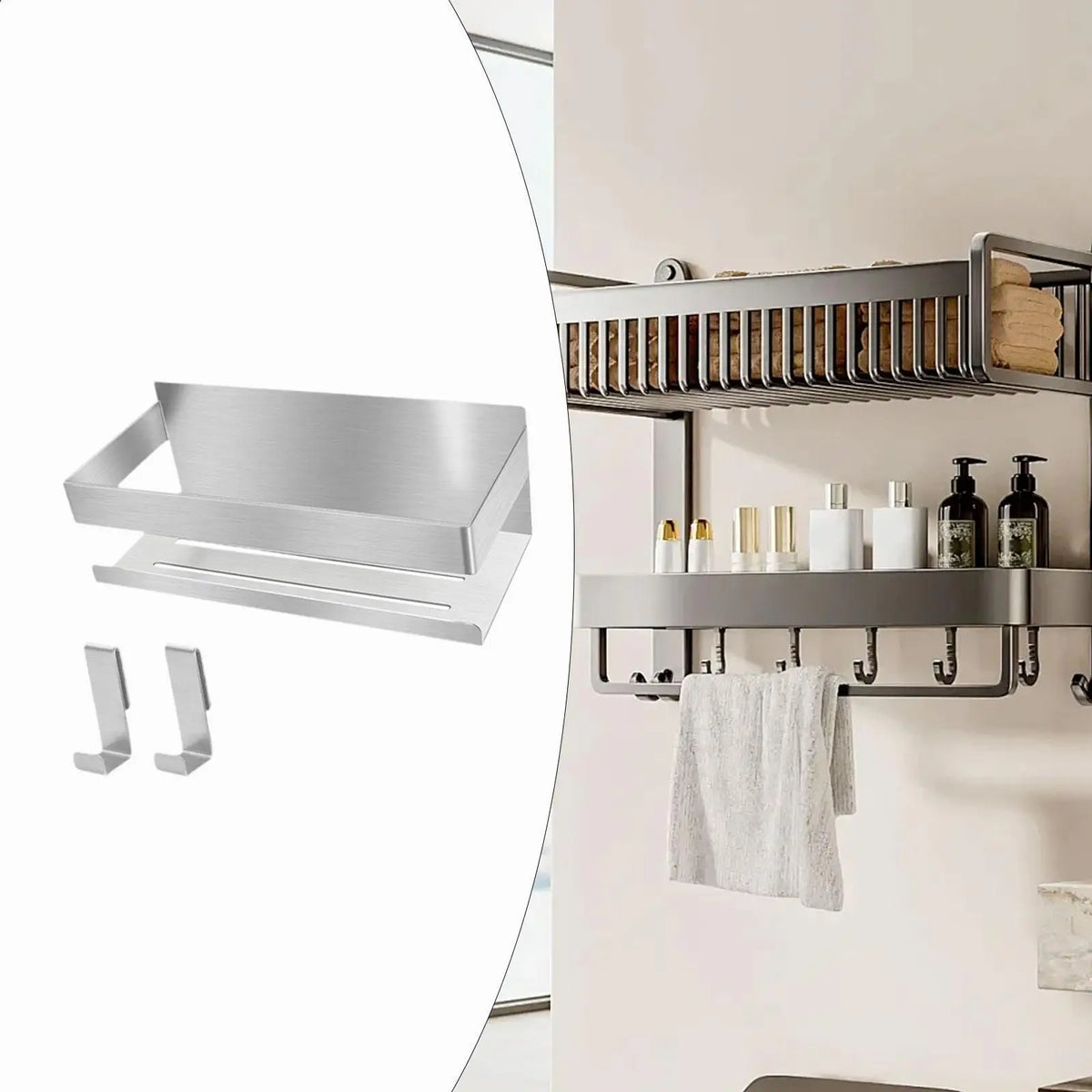 Bathroom Storage Rack with 2 Hooks Smooth Punch Free Rustproof Space Saving Multipurpose for Lavatory Bathroom Hotel Home Use Quake