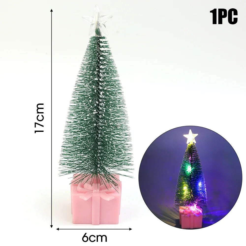 Luminous Mini Christmas Trees LED Lights Home Decoration Electronic Candles Childrens Gifts New Year Christmas Party Ornament Quake Pink 17cm