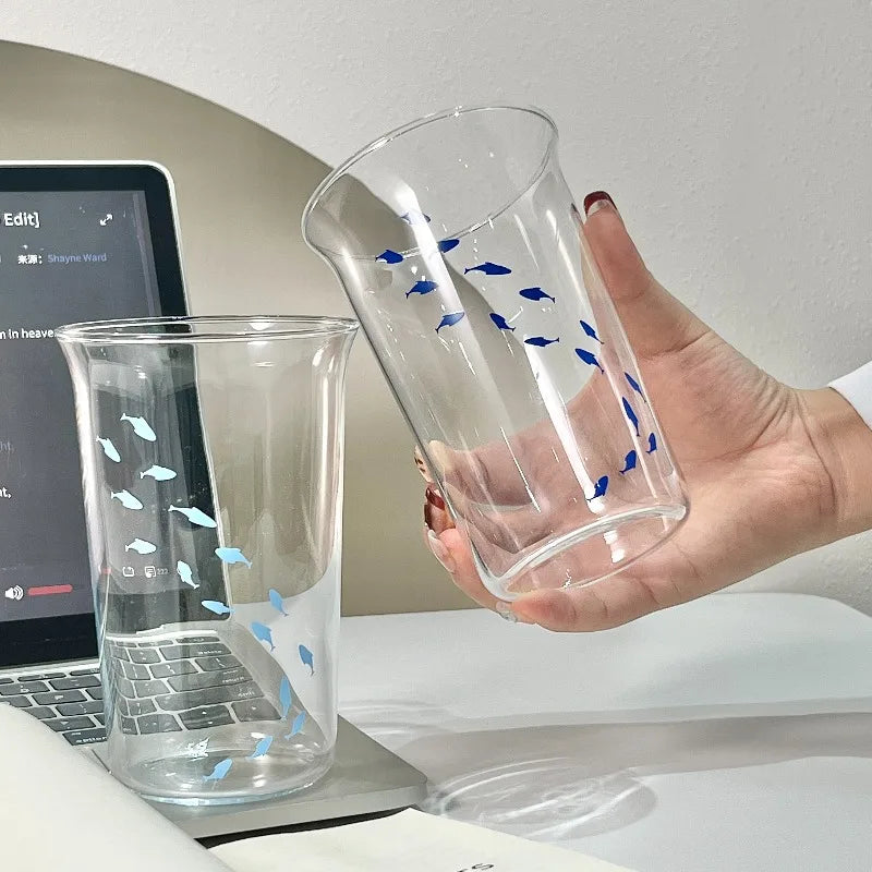 1pc Ins Style Printed Small Fish Glass Cup Flip Over Milk Juice Coffee Cup High Aesthetic Drinking Utensil Quake