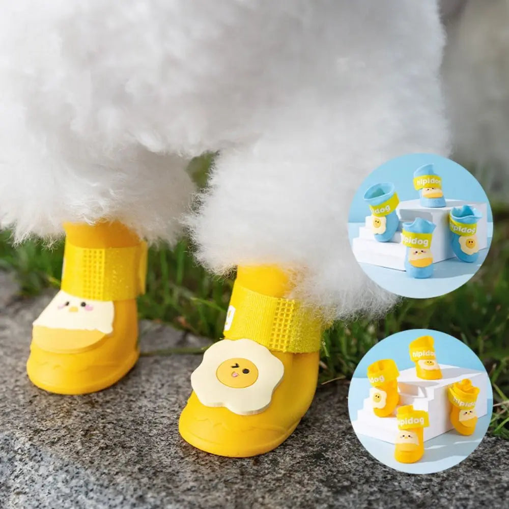 4Pcs/Set Cartoon Cute Pet Silicone Rain Boot Portable Dog Shoes Anti Slip Waterproof Foot Cover Outdoor Pet Paw Protector Quake