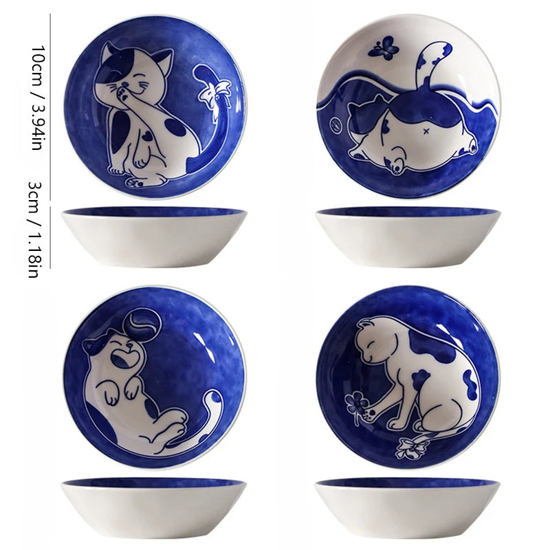 YWDL 4pcs Deeper Cat Ceramic Sauce Dish Set Cute Cartoon Soy Sauce Seasoning Household Tableware Dip Dish Sushi Sauce Snack Dish Quake 4pcs