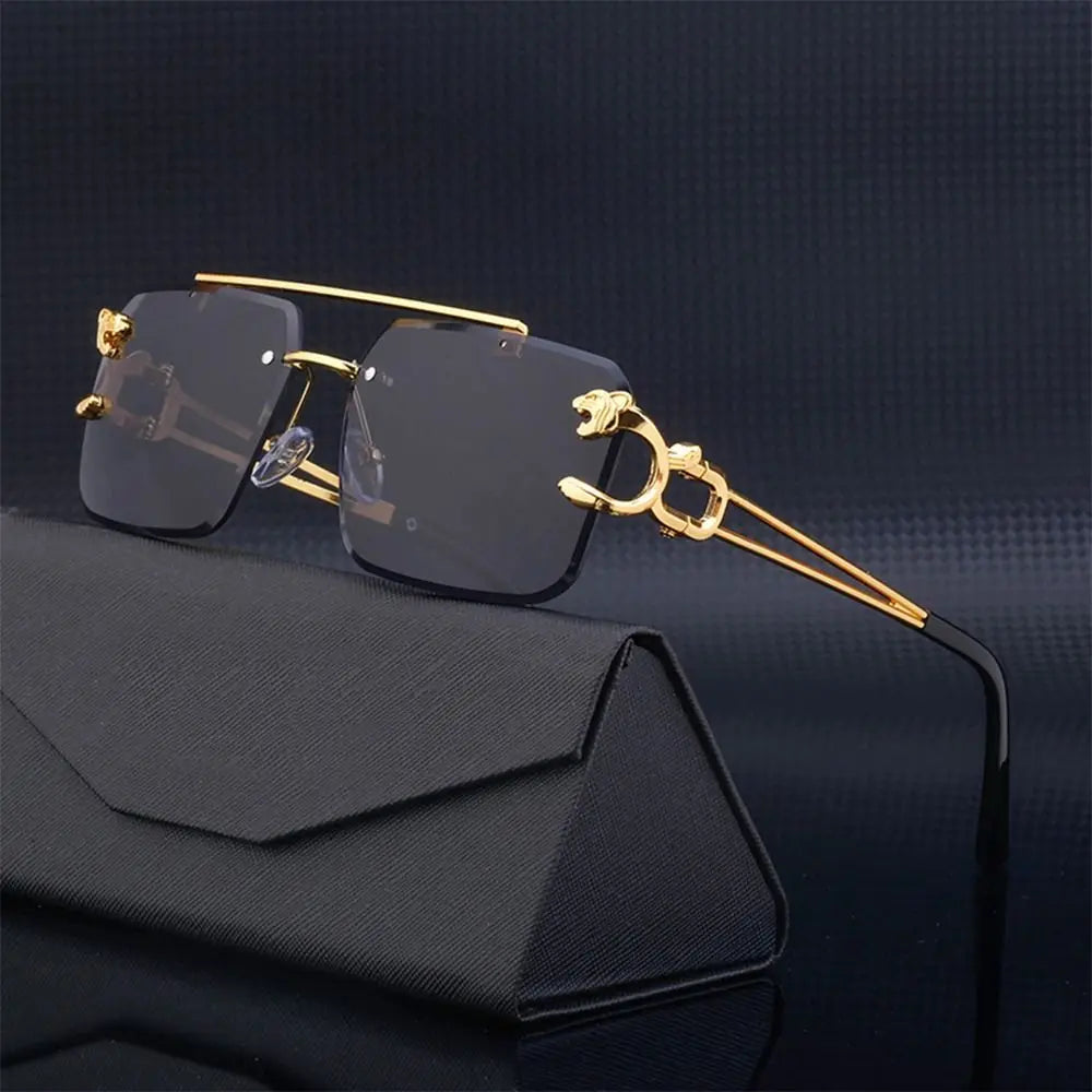 Fashion Retro Cheetah Decoration Sunglasses for Women Men Metal Steampunk Sun Glasses Summer UV400 Shades Trendy Rimless Eyewear Quake