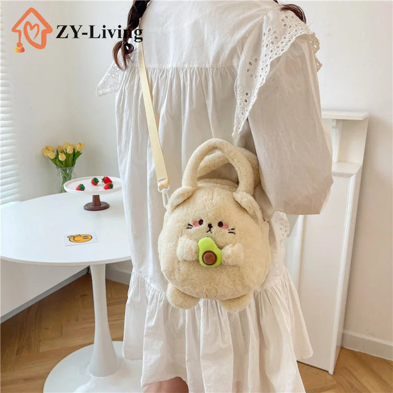 1Pcs Sweet Avocado Cat Plush Shoulder Bag Cute Cartoon Bag For Women Girls Fashion Peach Rabbit Plush Crossbody Bag Gifts Quake