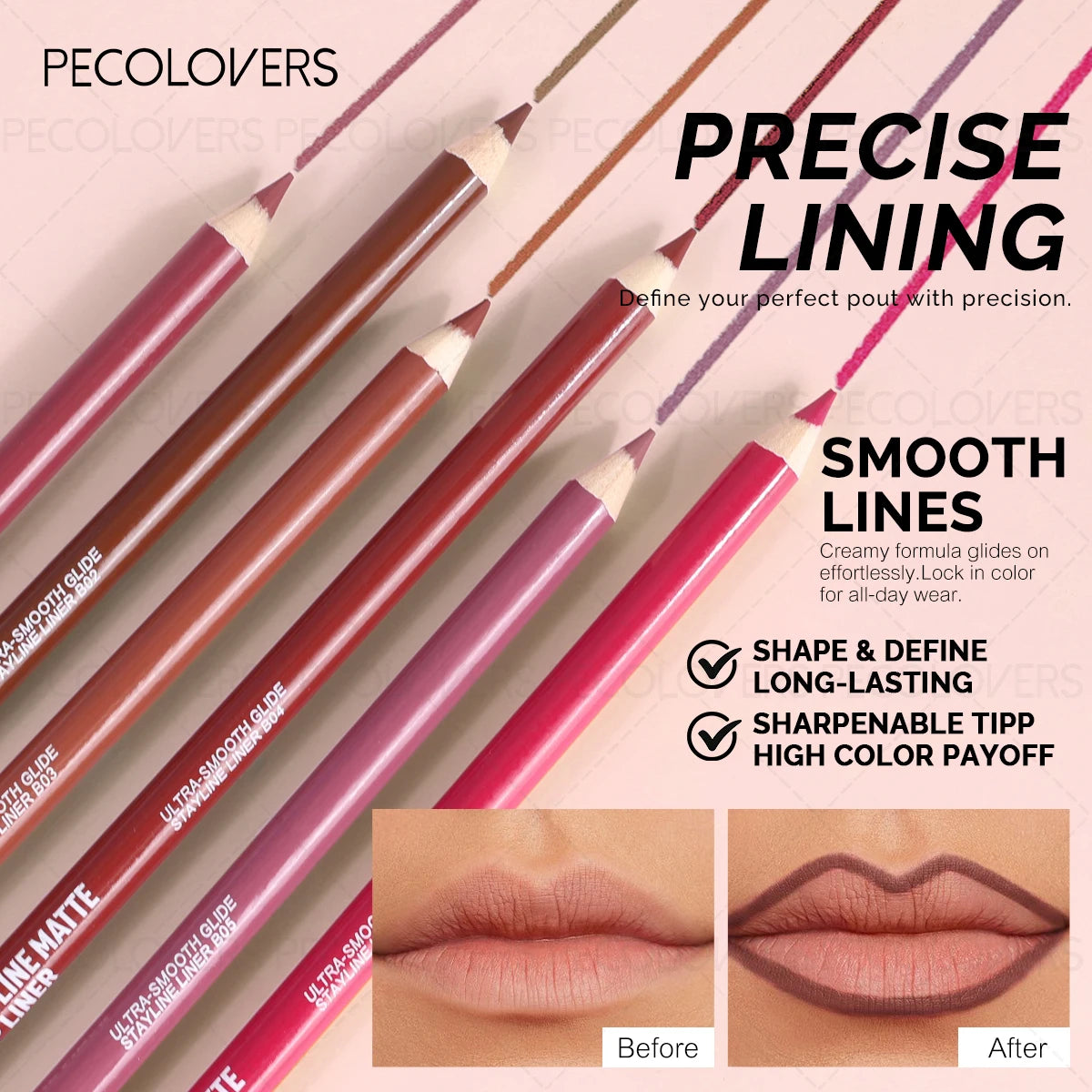 Waterproof Lip Liner Pencil - Matte Finish Long-Lasting, Multi-Color Shades (Nude, Berry, Red, Purple) for All Light Beige Types Quake