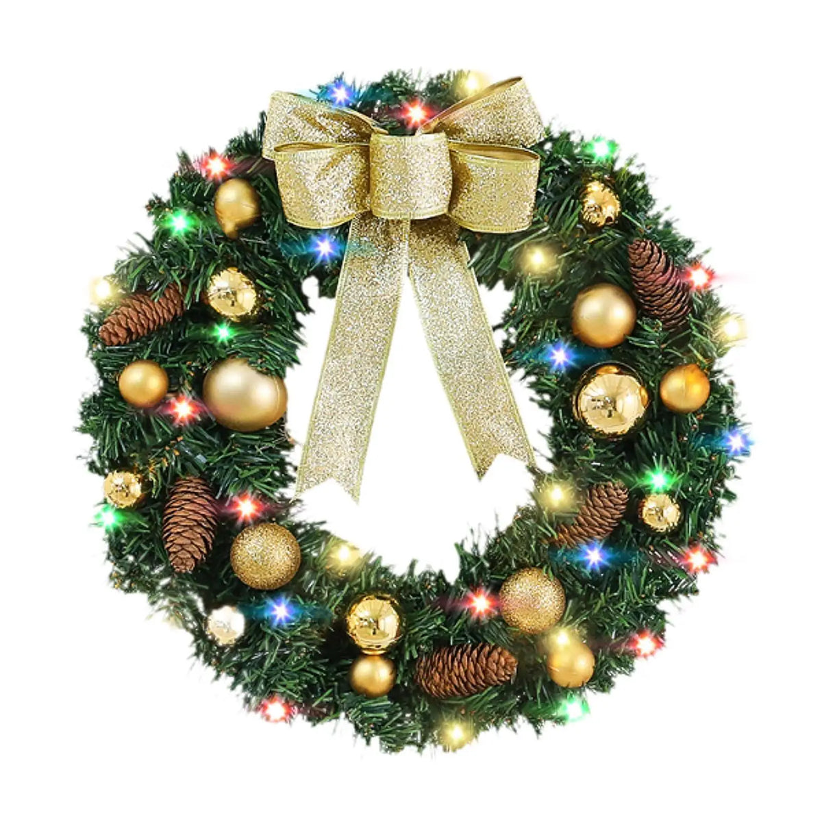 Battery Light Christmas Wreath Artificial PVC 60cm Door Hanging Garland Decorative Wreath for Entry Wall and Fireplace Quake ColorfulLight