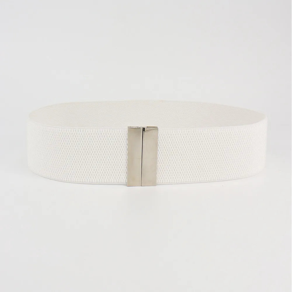 New Wide Elastic Belt Solid Color Metal Buckle Stretch Cinch Waistband Waistband Corset Belt Down Coat Quake White Sliver