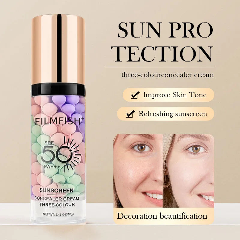 Face Makeup Primer Tri-color Cream Contour Color Isolation Waterproof Makeup Foundation Natural Makeup Base Cream 40g Quake