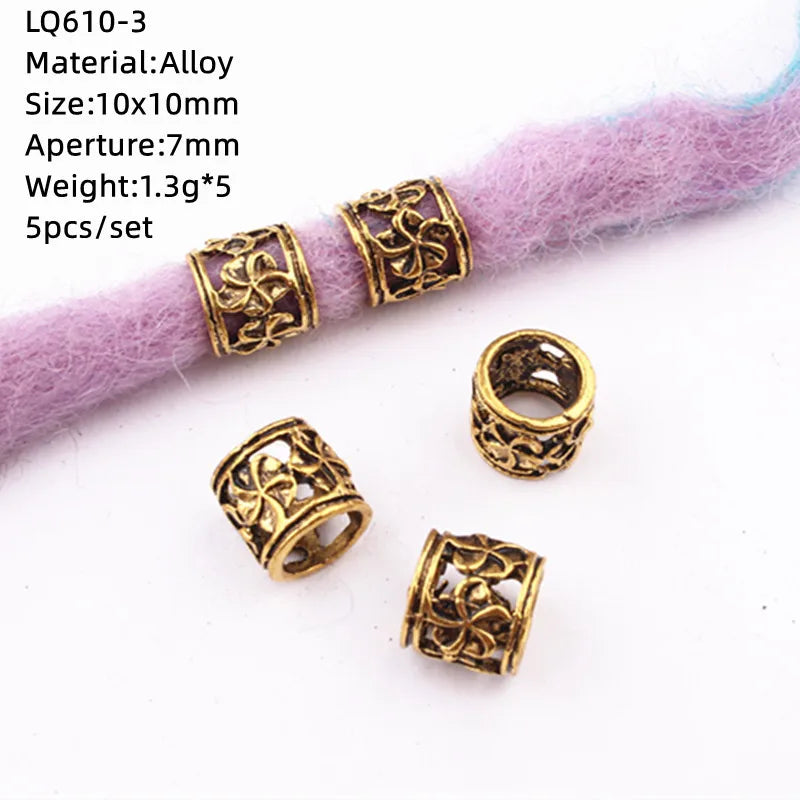 5-Piece Dreadlock Braid Beads Rings – Silver & Gold Hair Accessories