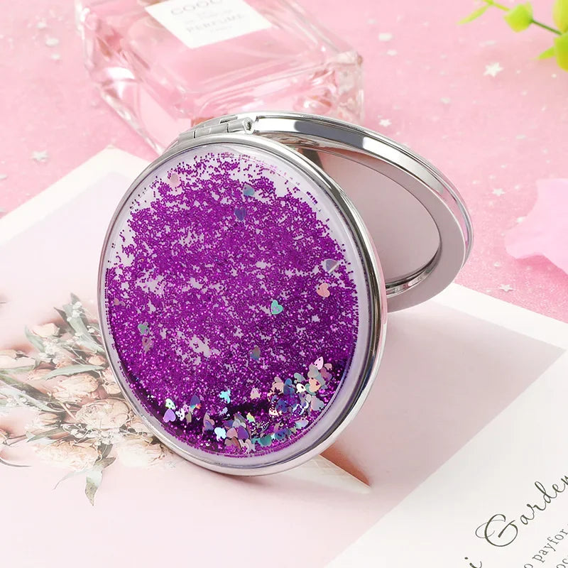Portable Double-Sided Folding Makeup Mirror Women Gifts with Flowing Sparkling Sand Mini Cosmetic Mirror Compact Pocket Mirrors Quake round purple