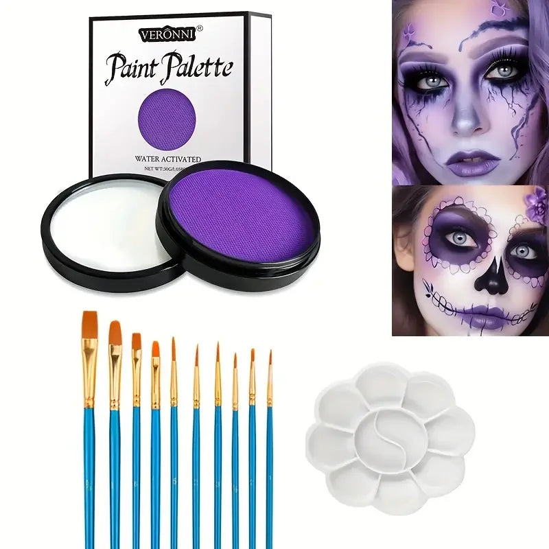 30G Water Monochromatic Face Body Painting Palette Halloween Face Body Paint Makeup Body Partie 10 Brushes and Palettes Set Quake 3pcs purple