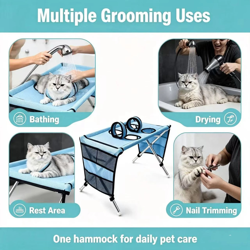 Multi-Function Pet Grooming Hammock, Foldable Pet Bathing and Drying Station with Stable Frame, Breathable Mesh Rest Holder for Quake