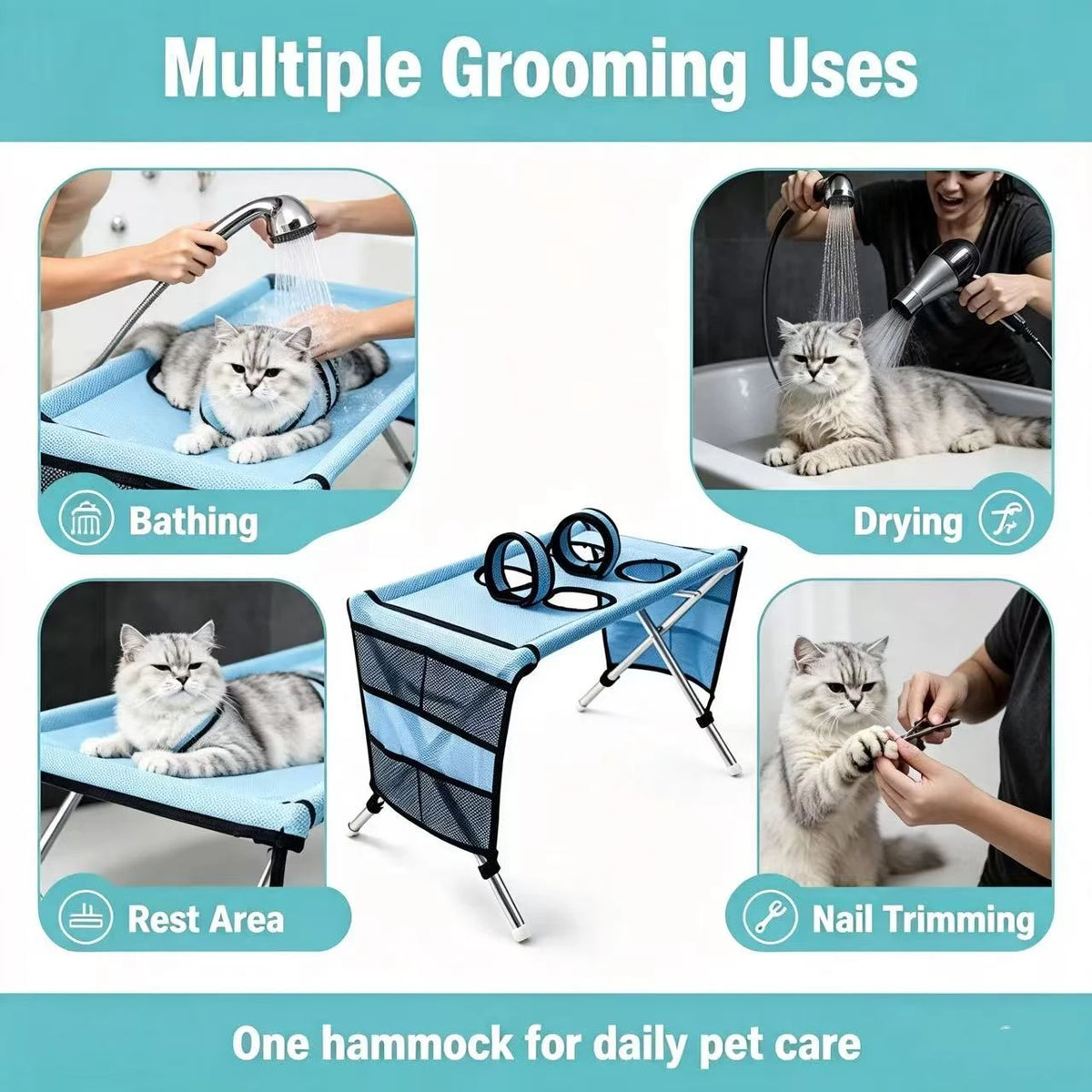 Multi-Function Pet Grooming Hammock, Foldable Pet Bathing and Drying Station with Stable Frame, Breathable Mesh Rest Holder for Quake