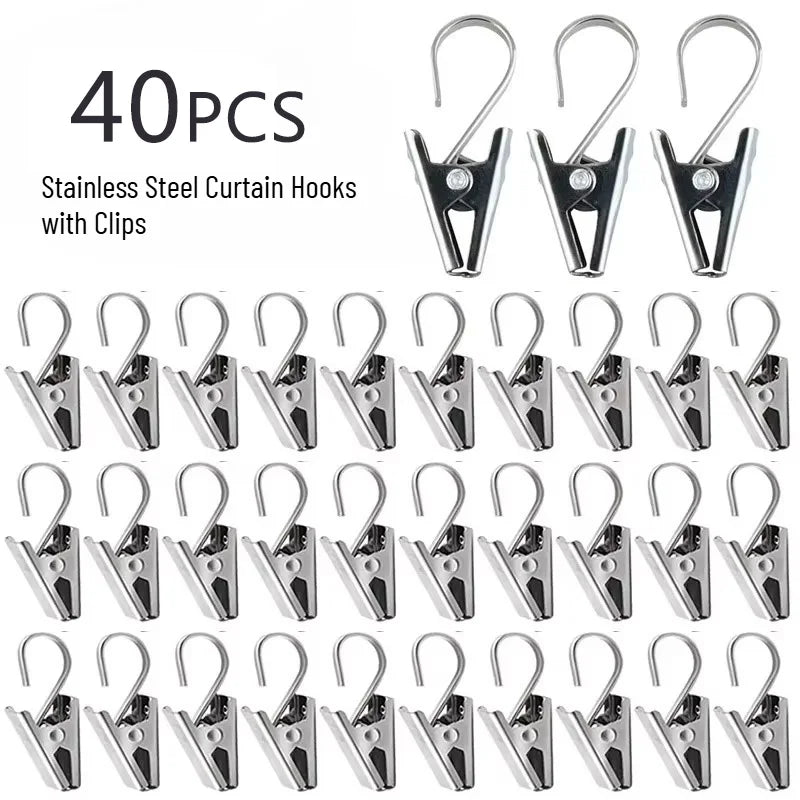 Stainless Steel Curtain Hooks with Clips, 20pcs Sturdy Window Curtain Clips for Home Decor, Durable Metal Hook Accessories Quake M470 40pcs
