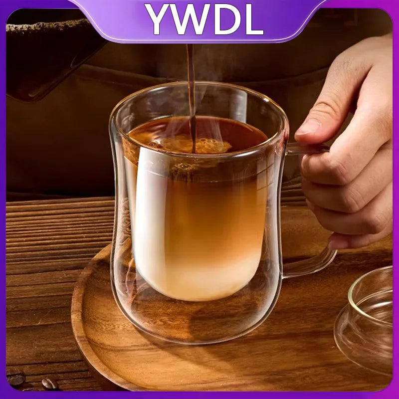 YWDL Double-Wall Glass Cup Set Clear Coffee Mug with Handle for Hot Cold Beverages Milk Juice 180/250/350ml Drinkware Quake