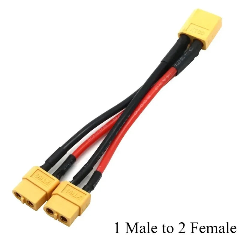 XT30/60/90 1 to 0/1/2/3 Parallel Battery Connector Male/Female Cable Dual Extension Y Splitter Silicone Wire 12AWG for RC ESC Quake 1 Male to 2 Female XT30 50CM