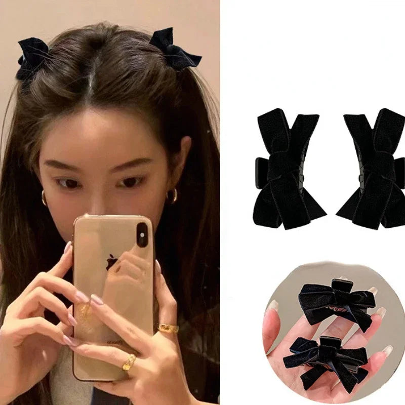 Black Red Small Velvet Bowknot Hair Claw Clips 2pcs/set Korean Princess Hair Clips with Bangs Girls‘ Headwear Hair Styling Tools Quake 2pcs black