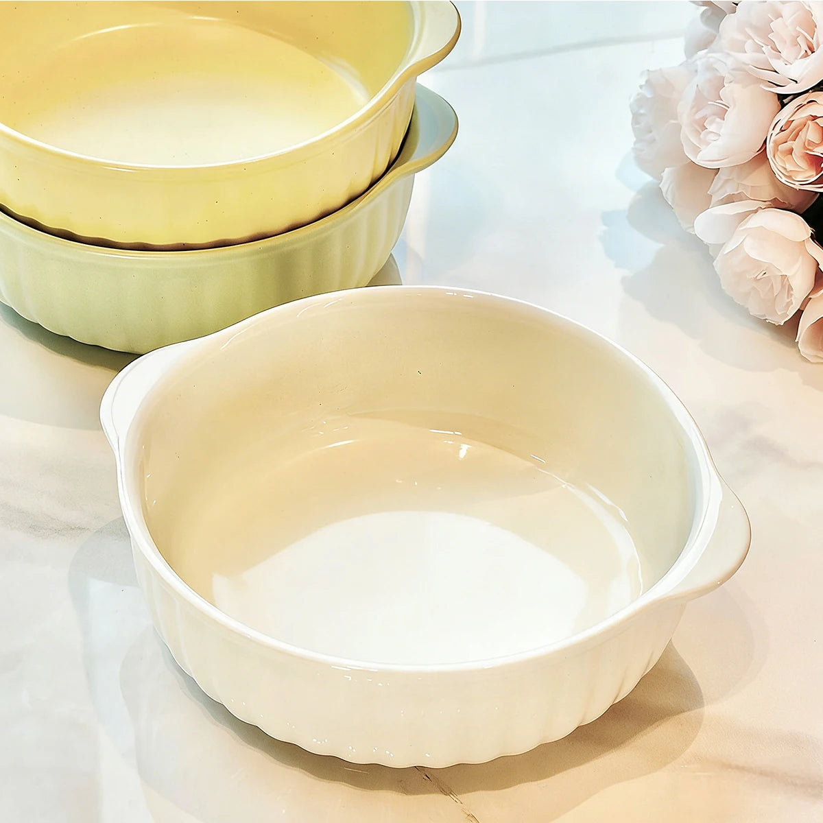 One Double-Ear Ceramic Bowl, Oven, Microwave and Dishwasher Safe. Tableware & Kitchen Utensils for Salad, Pasta Quake