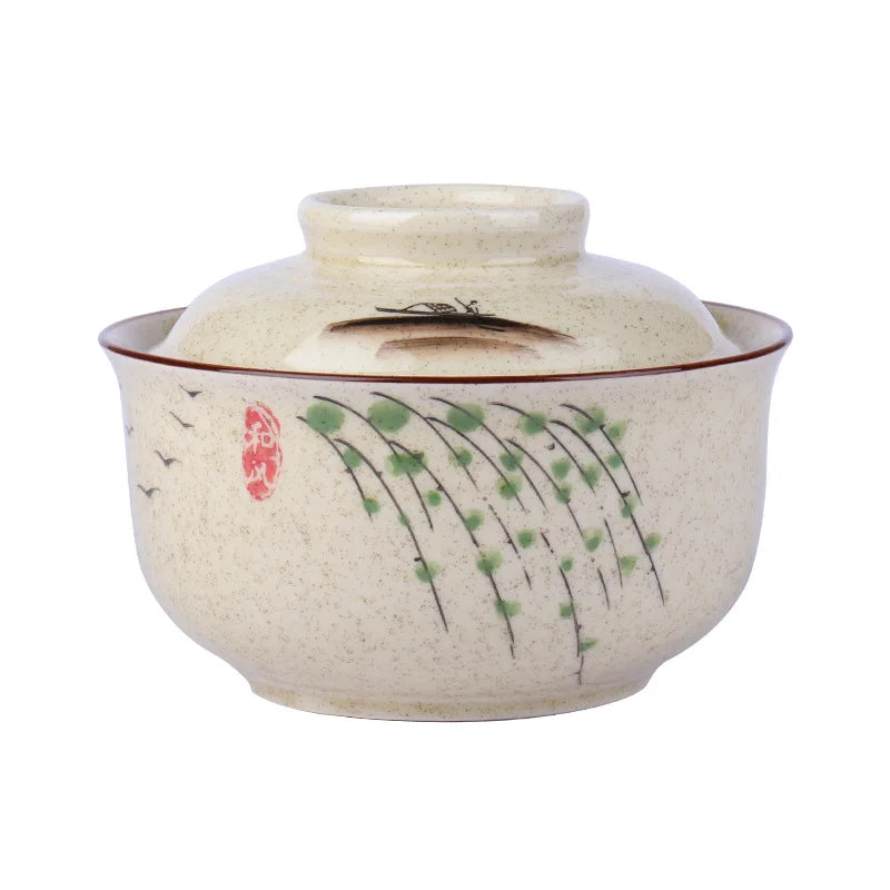 YWDL 6.5inch Japanese Style Ramen Bowl With Lid Ceramic Instant Noodle Bowl For Soup Rice Noodle And Porridge Kitchen Tableware Quake Willow