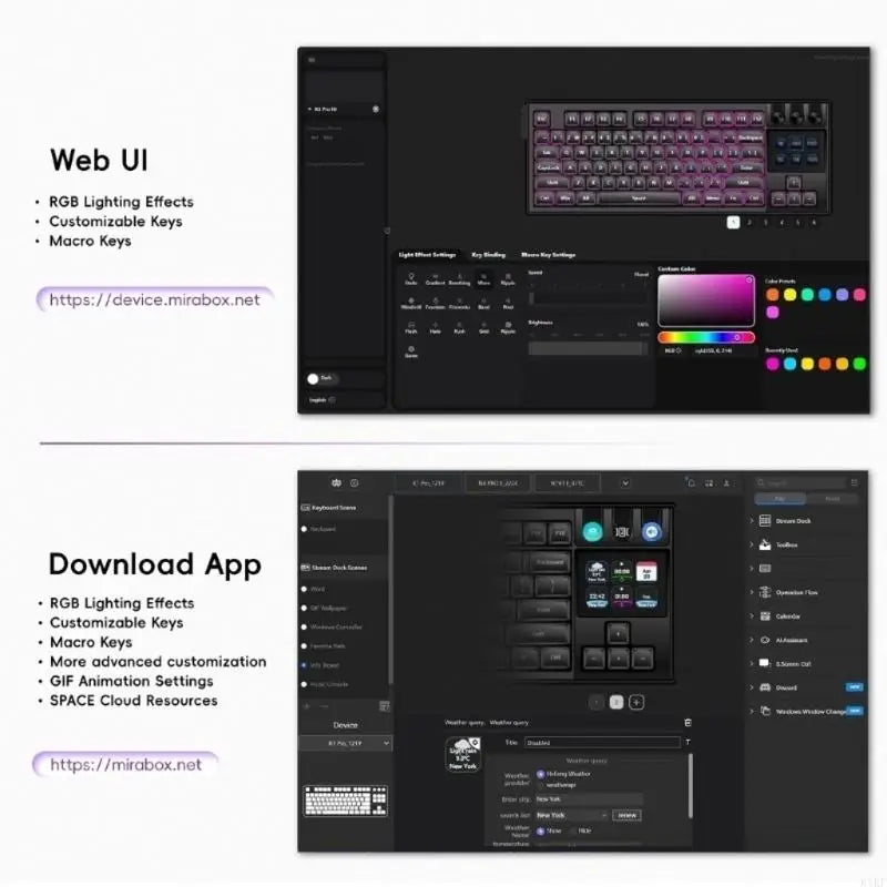 Gaming Keyboard with LCD Display Pads, 3 Pressable Knobs, Changeable Contact Mounts and Color Desk Lighting for Desktop Use K1KF Quake