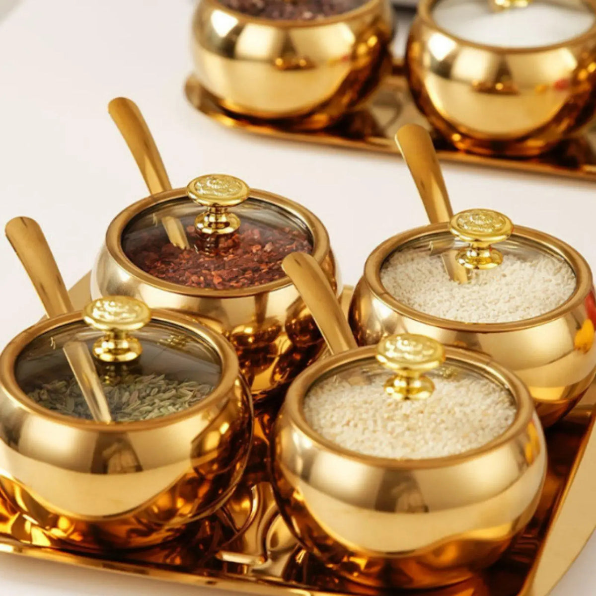 Stainless Steel Jar with Glass Lid Spice Container Set for Kitchen Seasoning Storage Airtight Condiment Jars with Spoon and Tray Quake
