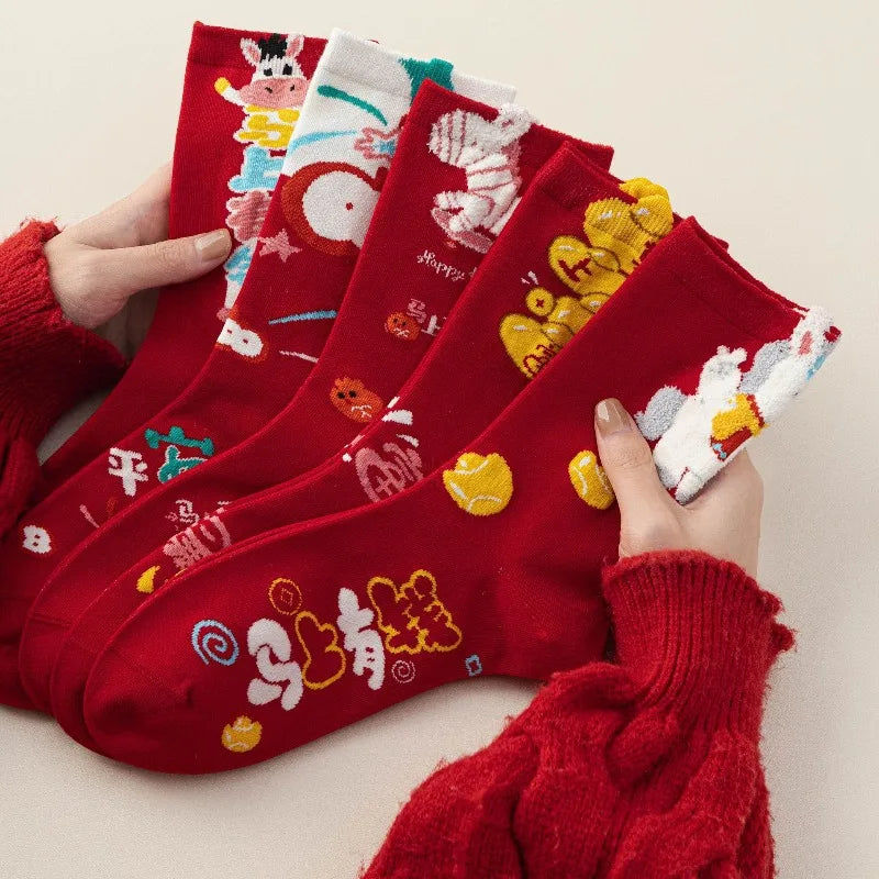 Year of The Horse Zodiac Year Red Socks Women's Autumn and Winter Mid Socks New Year Gifts Marriage Couple Quake