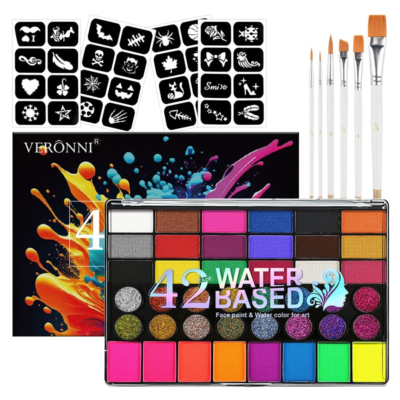 42 Colors Water Soluble Face Body Painting Set UV Neon Glitter Face Paint Art Halloween and Christmas Party Body Paint Makeup Quake 3 pcs