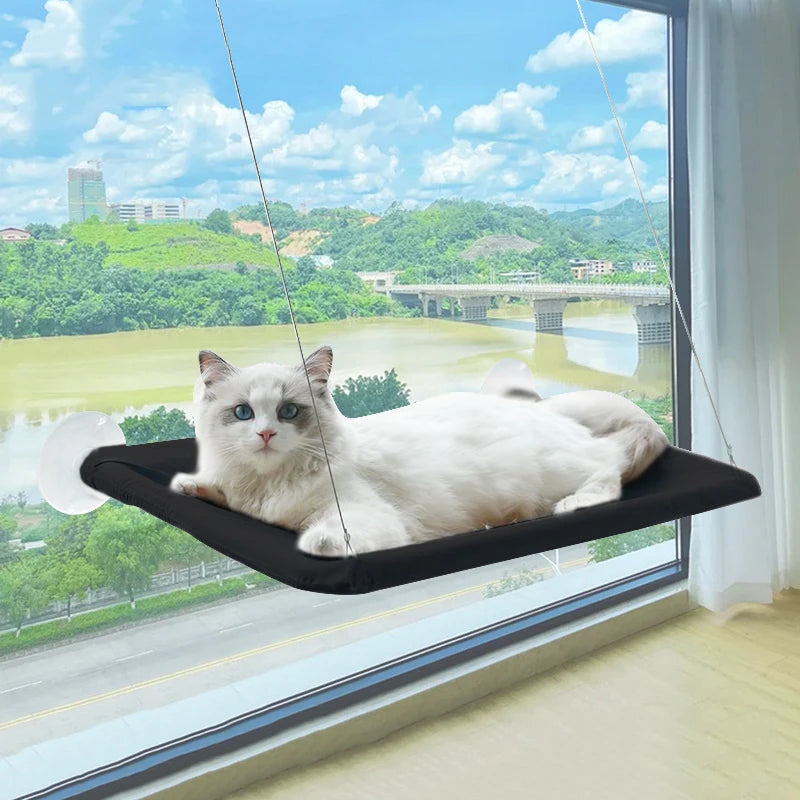 Ultra-Soft Cat Window Hammock Bed - Cozy Cloud-Like Perch for Feline Naptime - Securely Mounted, Perfect Space-Saving Quake Black 13.78inx21.65in