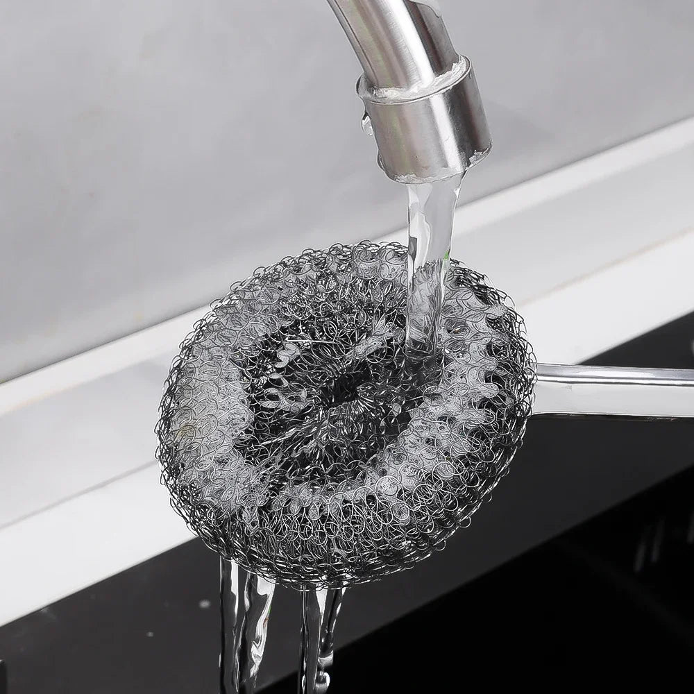 Steel Wire Ball Pot Brush Kitchen Pan Dishes Cleaning Brush Long Handle Metal Wool Scourer Strong Decontamination Cleaning Brush Quake