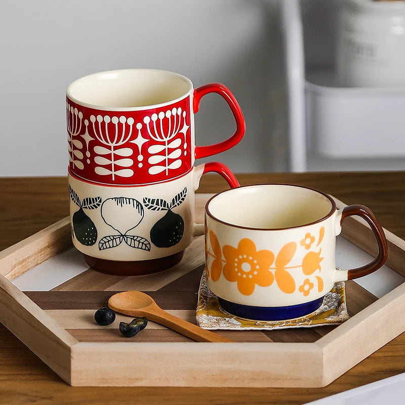 4pcs Set Ceramic Ear Hanging Coffee Mug Underglaze Colored Breakfast Milk Oatmeal Cup Japanese Retro Style Lovers Mug Stackable Quake