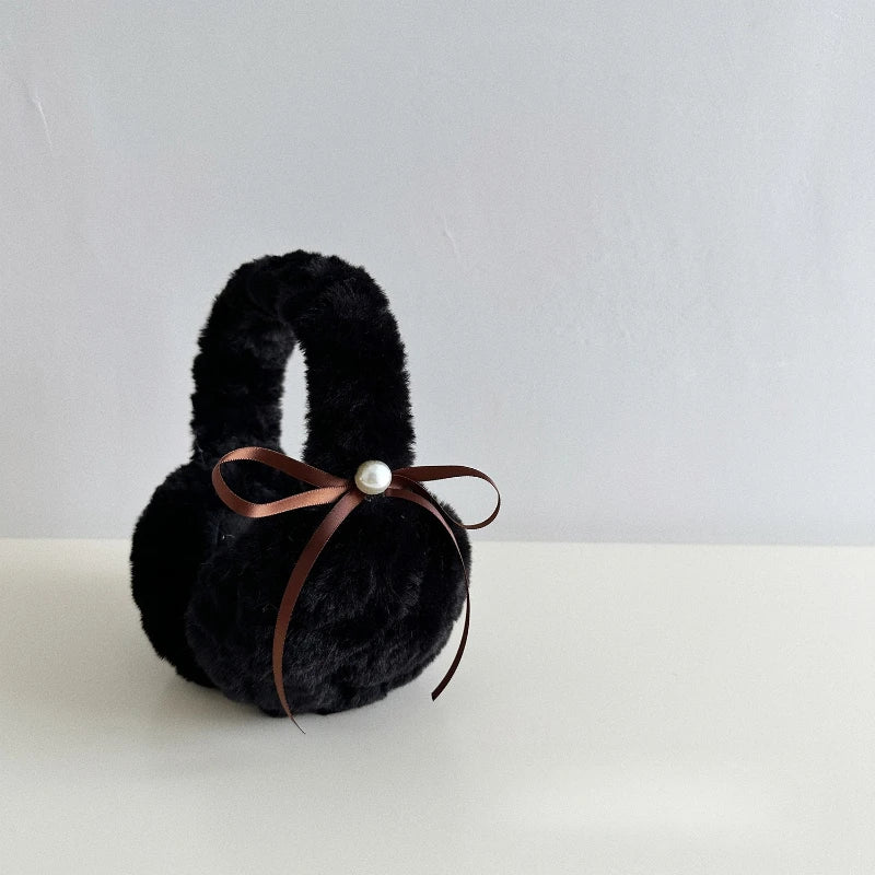 1pc Winter Warm Sun Pearl Bow Plush Earrings Female Students Windproof Ear Protection Warm Earrings Quake black
