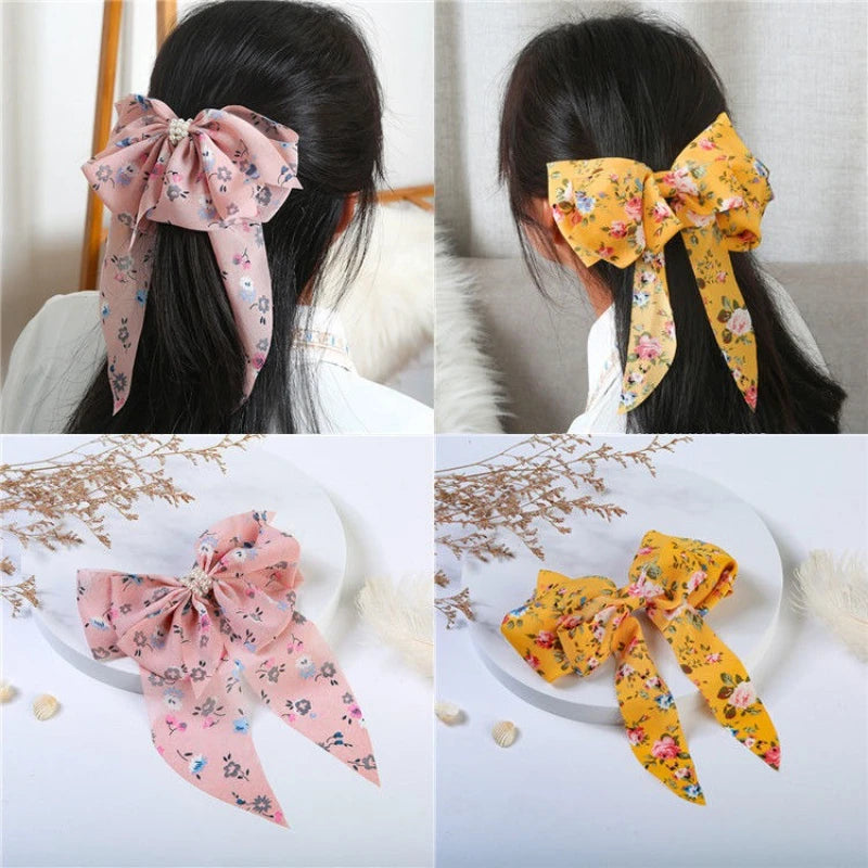 Floral Printed Hair Clip Korea Fashion Big Bow Ribbon Hair Tie Small Fresh Floral Hairpin Bowknot Hair Duckbill Clip Accessories Quake