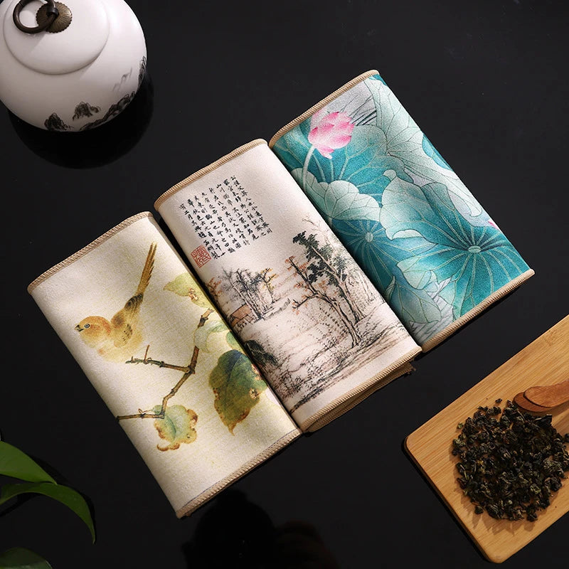 1pc Kung Fu Tea Towel with Ancient Style Thick and Absorbent Multifunctional High-end Painted Tea Cloth Quake