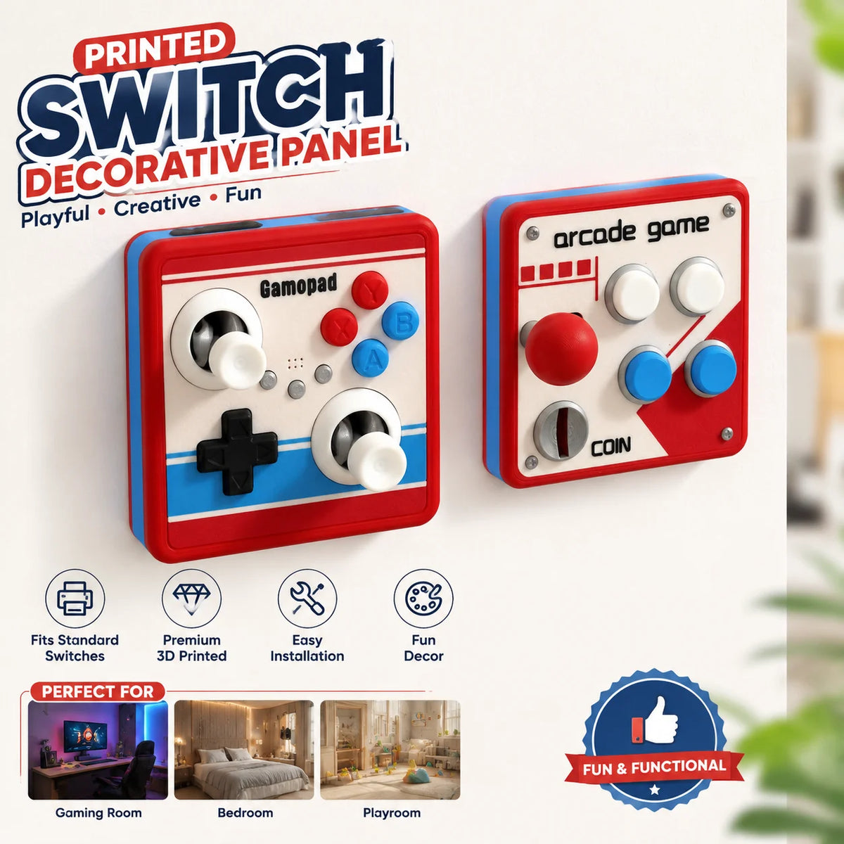 1/2PCS Retro Arcade Joystick Style 3D Printed Light Switch Cover 86 Type Wall Plate Game Room Decor Gamer Single Control Panel Quake
