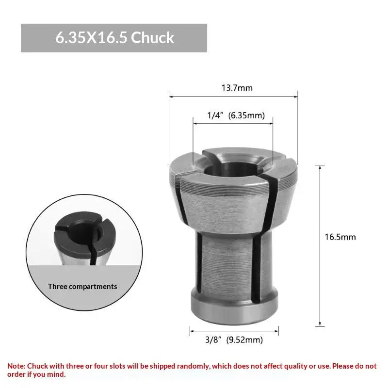 1Pcs High Precision Router Collet Durable Steel 6mm 6.35mm 8mm Quarter Inch Shank For Milling Cutter Woodworking Use Quake 6.35x16.5mm Chuck
