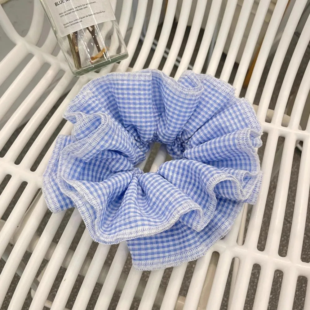 Blue Plaid Hair Scrunchies Korean Fashion Sweet Girls Ruffles Plaid Large Hair Ties Ropes Women Sweet Versatile Rubber Bands New Quake