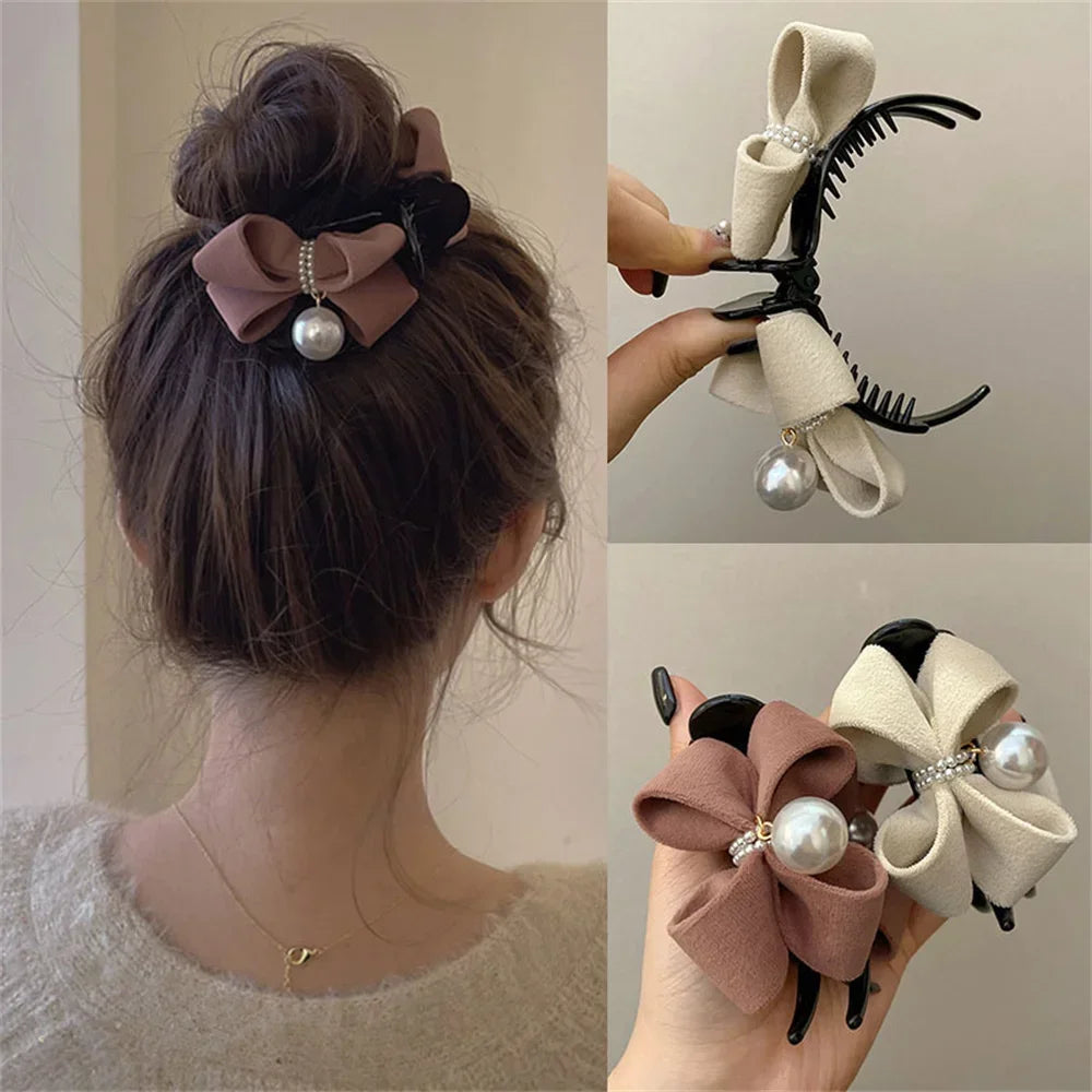 Pearl Bow Ponytail Holder Sweet Plush Hair Claw Korean Fashion Hairgrips Elegant Soft Solid Hair Clip for Girls Hairpin Headwear Quake
