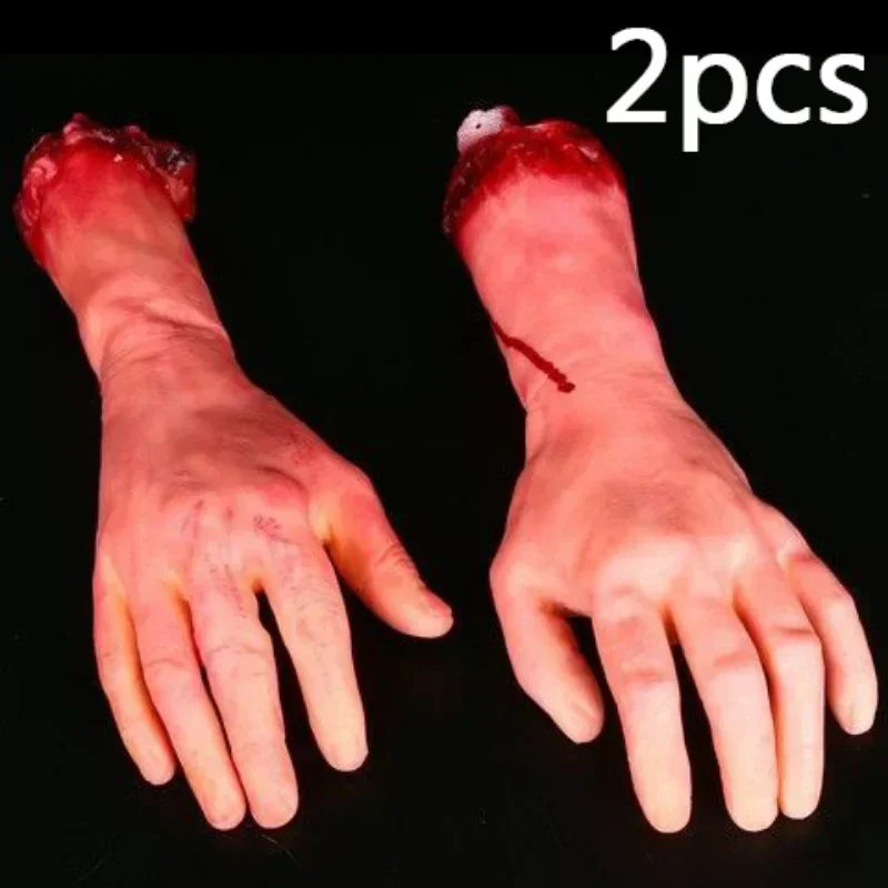 Scary Simulation Life Size Arm Halloween Horror Fake Arm Hand Latex Cut Off Hand Bloody Halloween Prop Haunted Party Decoration Quake 2 PCS