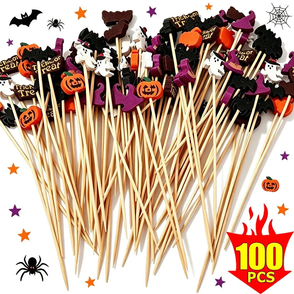 Halloween Themed Decorative Toothpicks Pumpkin Ghost Bat Disposable Food Toothpick Cupcake Topper Xmas New Year Party Decoration Quake