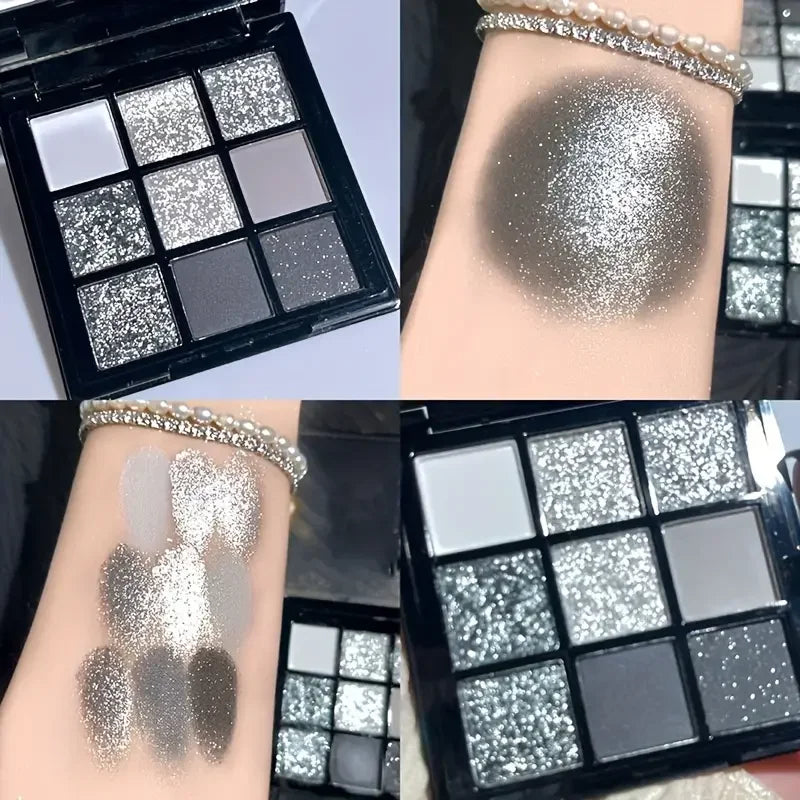Black Swan 9-Color Eyeshadow Palette Mesmerizing Glitter Glam,Dramatic Smoky Punk Effects,Hues in Light Gray&Dark Silver Makeup Quake